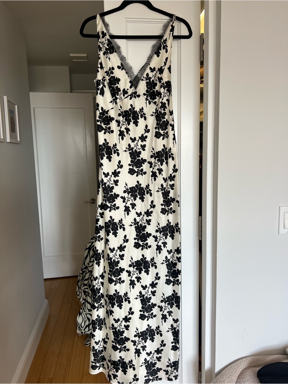 Veronica Beard Black & White Floral Lace-Trim Silk Maxi Dress
